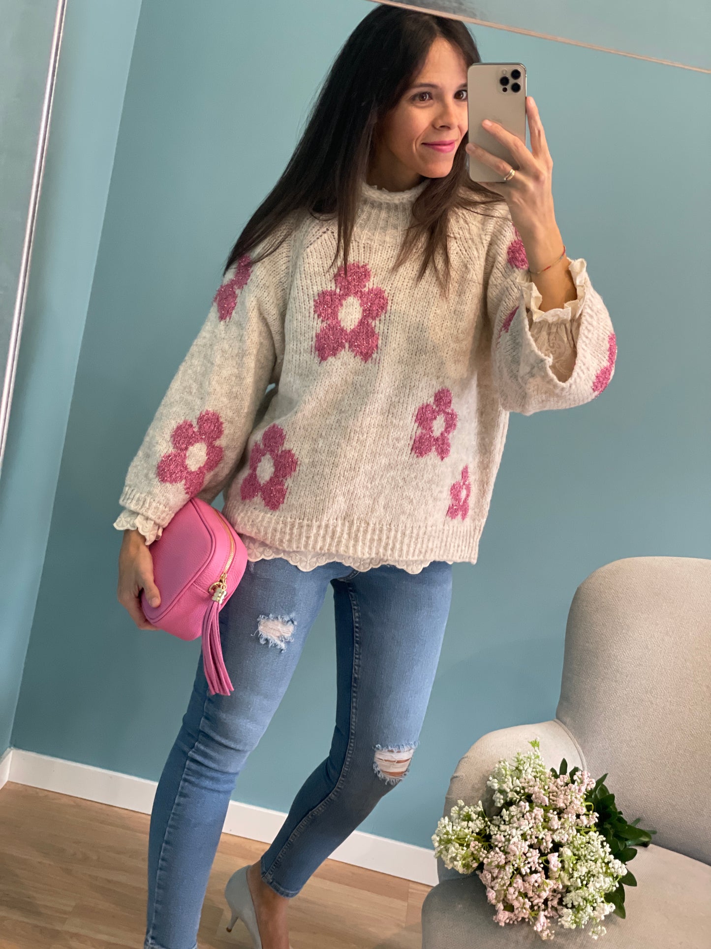 Marieta taupe &amp; glitter pink sweater